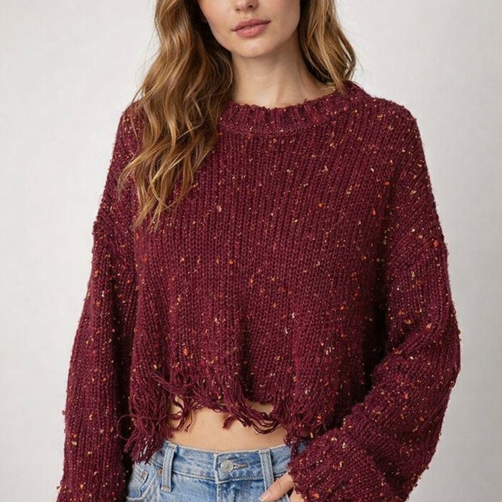 Main Strip Maroon Rainbow Flecked Distressed Knit Sweater — Sz. Small